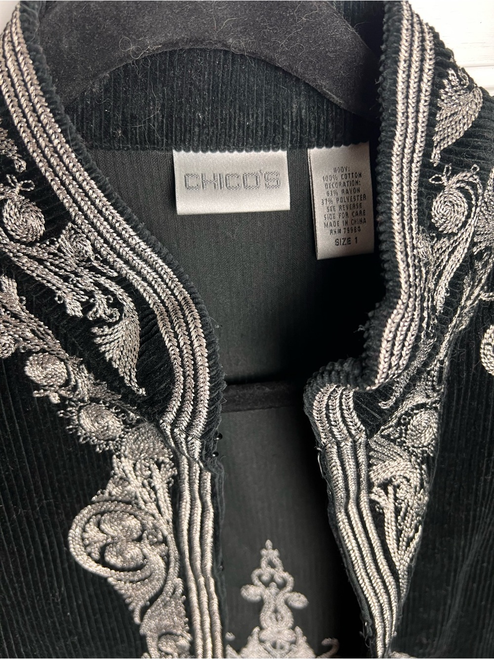 Chico's Black Velvet Jacket with Silver Embroidery - Picture 2 of 7